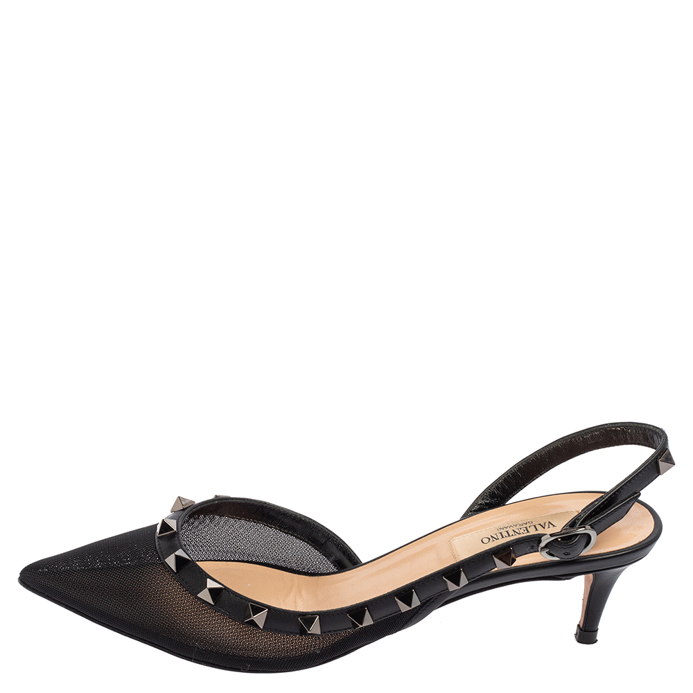 

Valentino Black Net And Leather Rockstud Slingback Pointed Toe Pumps Size