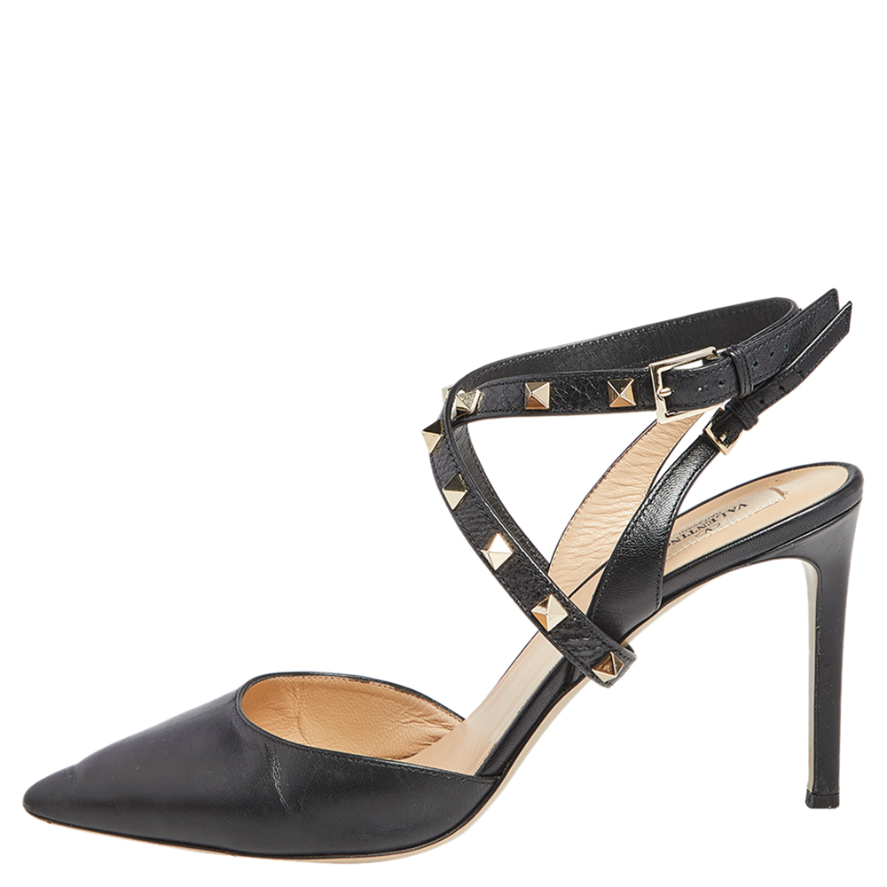 

Valentino Black Leather Rockstud Pointed Toe Slingback Sandals Size