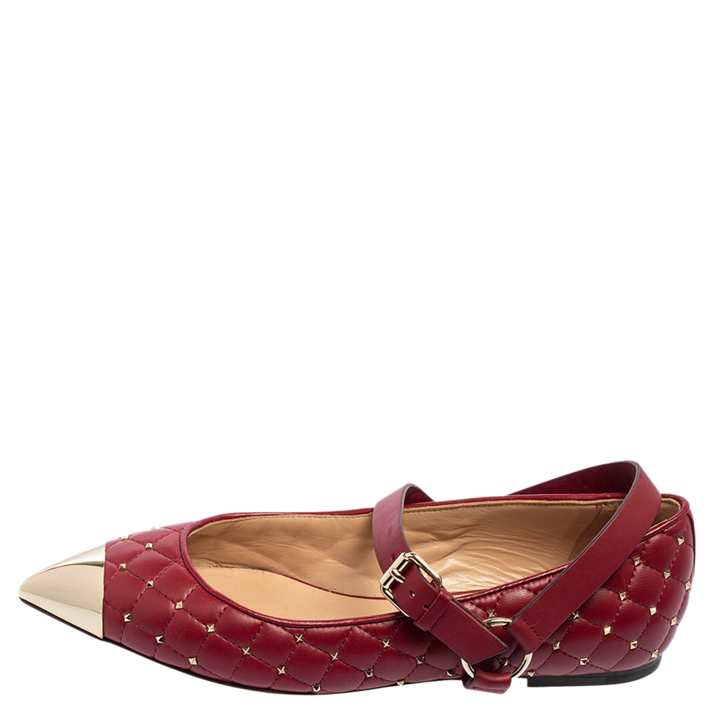 

Valentino Burgundy Quilted Leather Rockstud Spike Metal Cap-Toe Ballet Flats Size