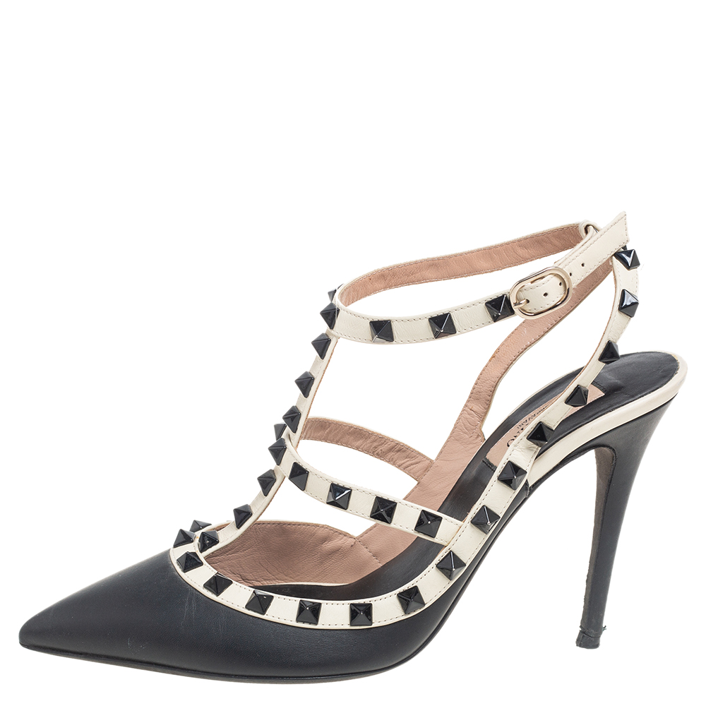 

Valentino Black/Off-White Leather Rockstud Pointed-Toe Pumps Size