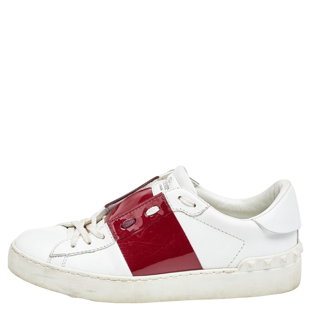 

Valentino White/Red Leather and Patent Leather Rockstud Low Top Sneakers Size