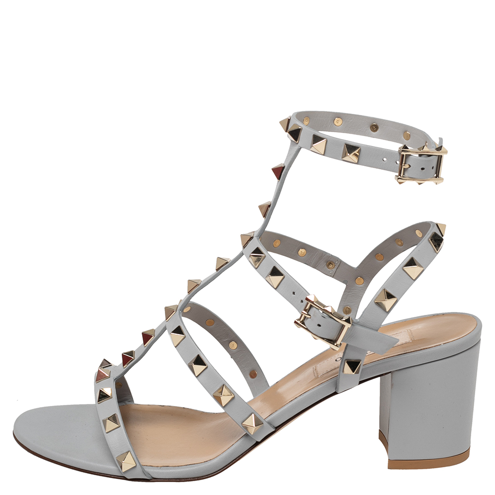 

Valentino Blue Leather Rockstud Ankle Strap Block Heel Slides Size