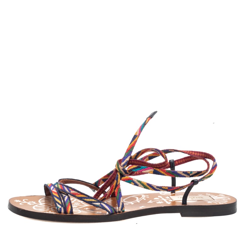 

Valentino Multicolor Woven Fabric Lace Up Flat Sandals Size