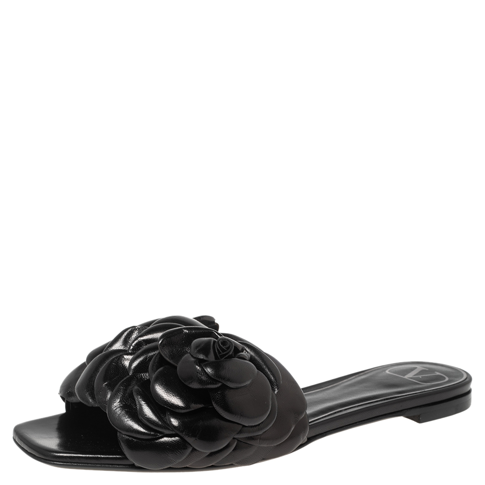Pre-owned Valentino Garavani Garavani Black Leather Atelier 03 Rose Edition Slides Sandals Size 35.5