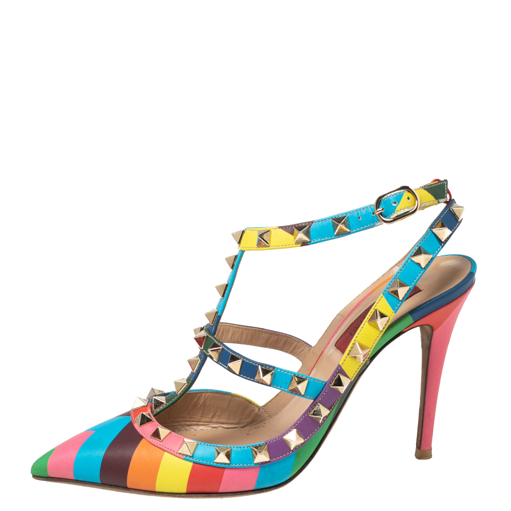 

Valentino Multicolor Leather Rockstud Ankle Strap Sandals Size
