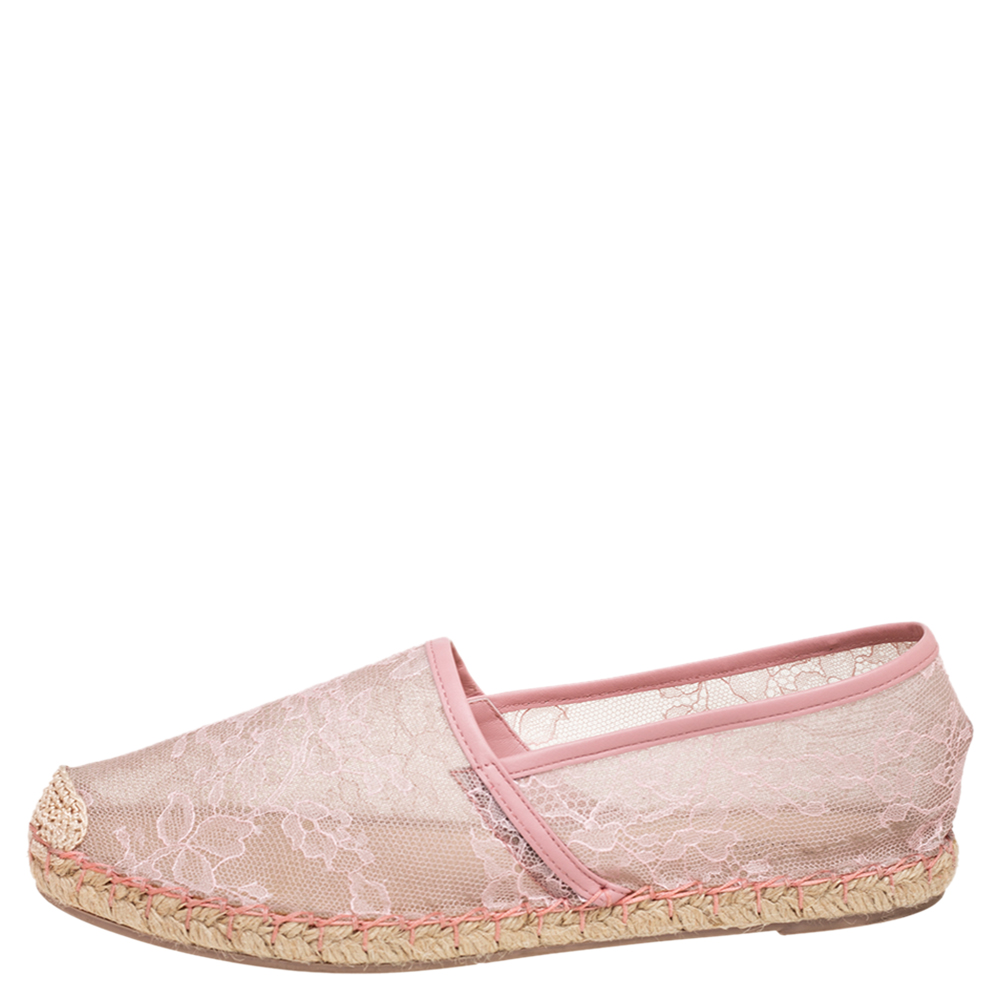 

Valentino Pink Lace and Leather Trim Flat Espadrilles Size