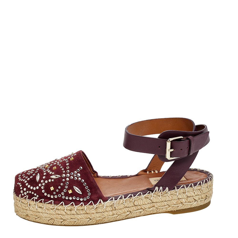 

Valentino Burgundy Embellished Suede and Leather Ankle Strap Espadrilles Size