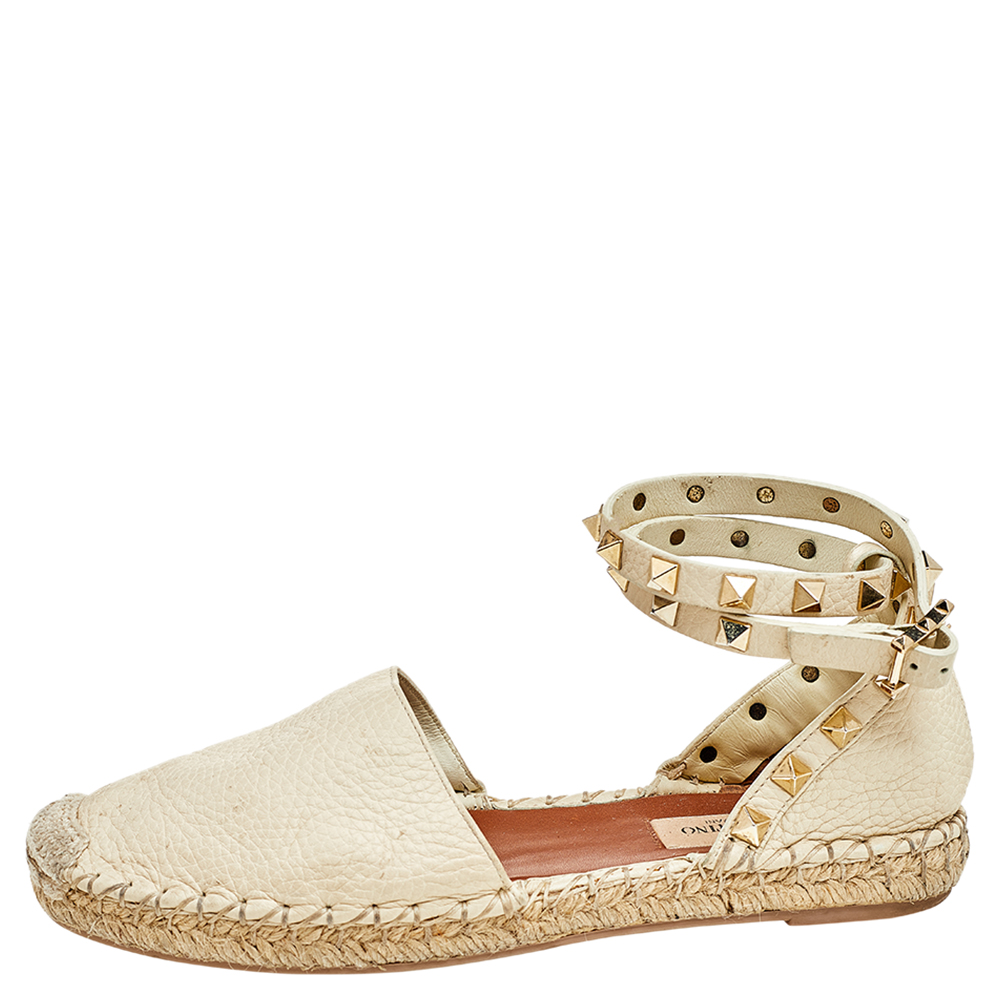 

Valentino Off-White Leather Rockstud Espadrille Ankle Strap Flats Size