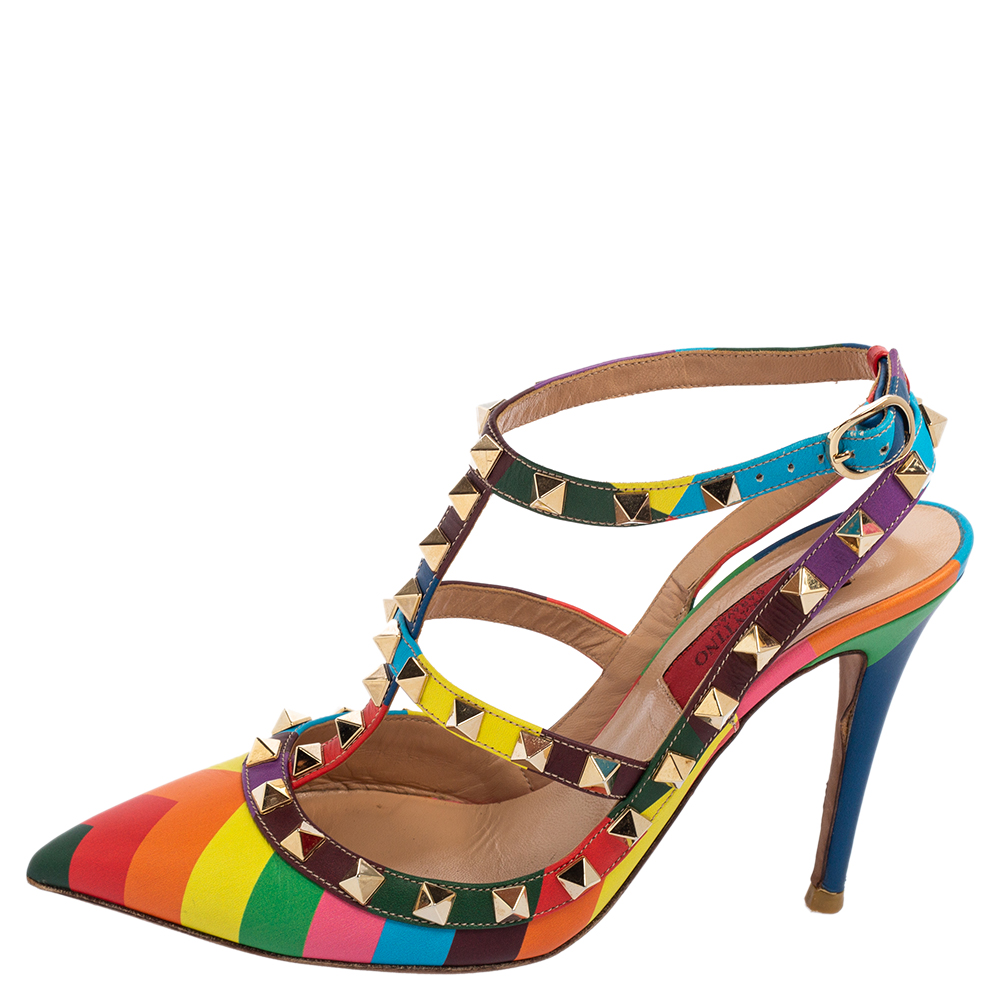 

Valentino Multicolor Leather Rockstud Ankle-Strap Pumps Size