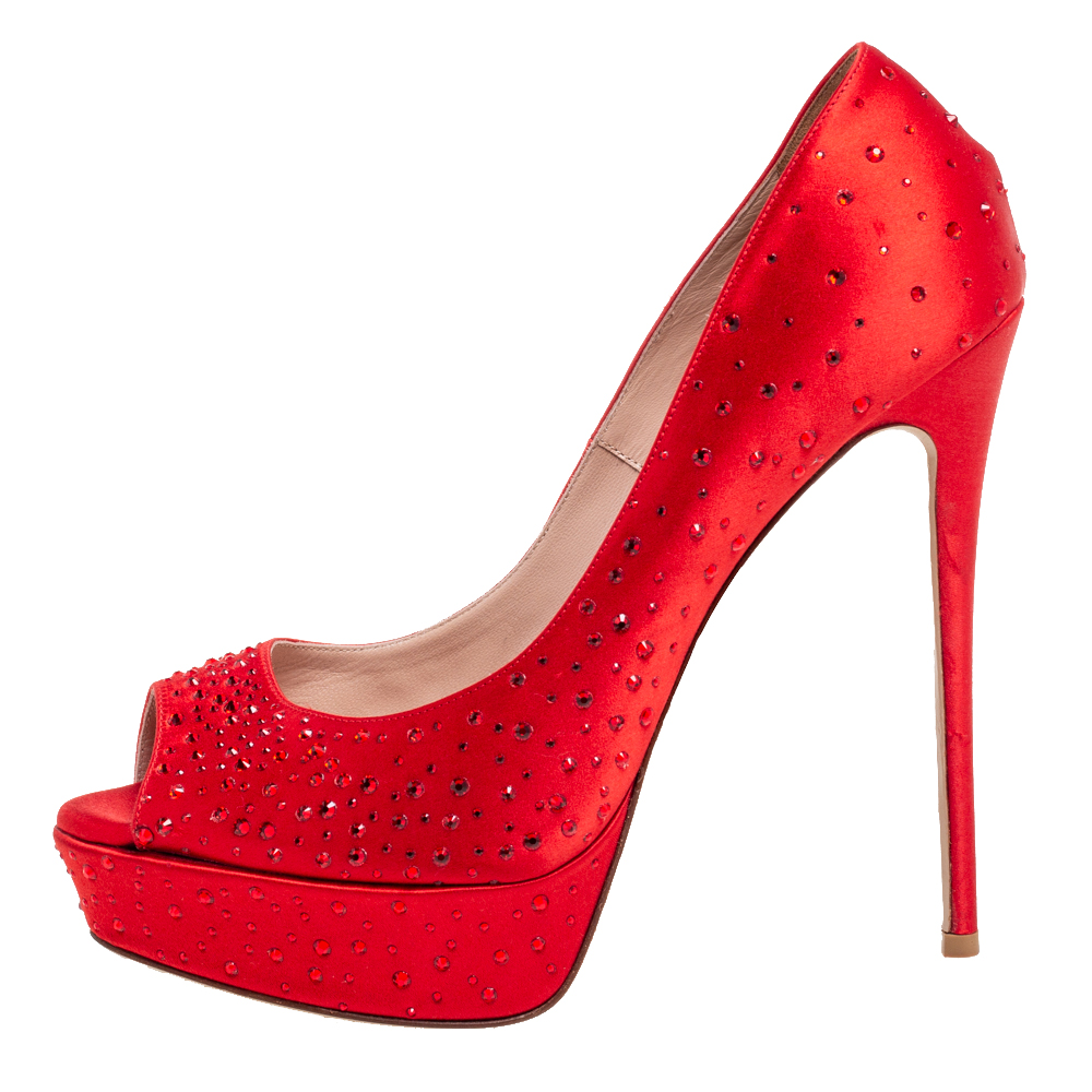 

Valentino Red Satin Crystal Embellished Peep Toe Platform Pumps Size