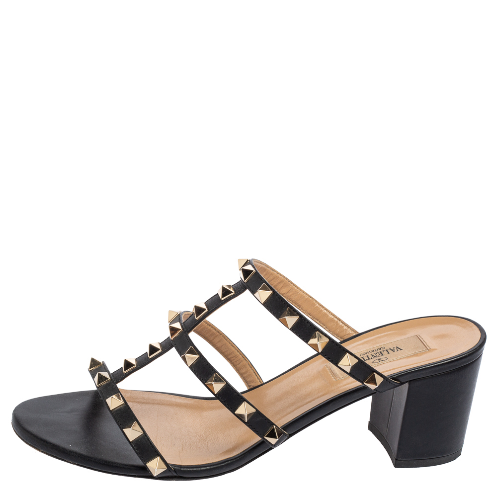 

Valentino Black Leather Rockstud Block Heel Slide Sandals Size