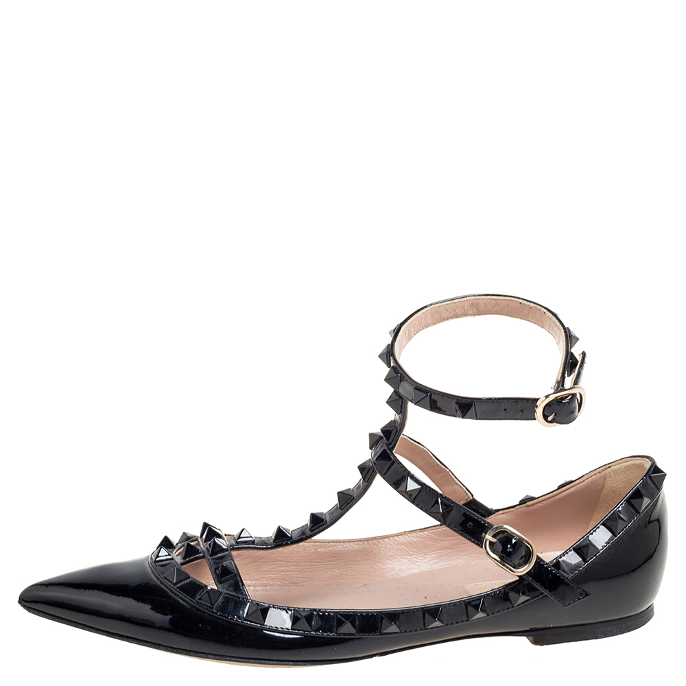 

Valentino Black Patent Leather Rockstud Ankle-Strap Ballet Flats Size