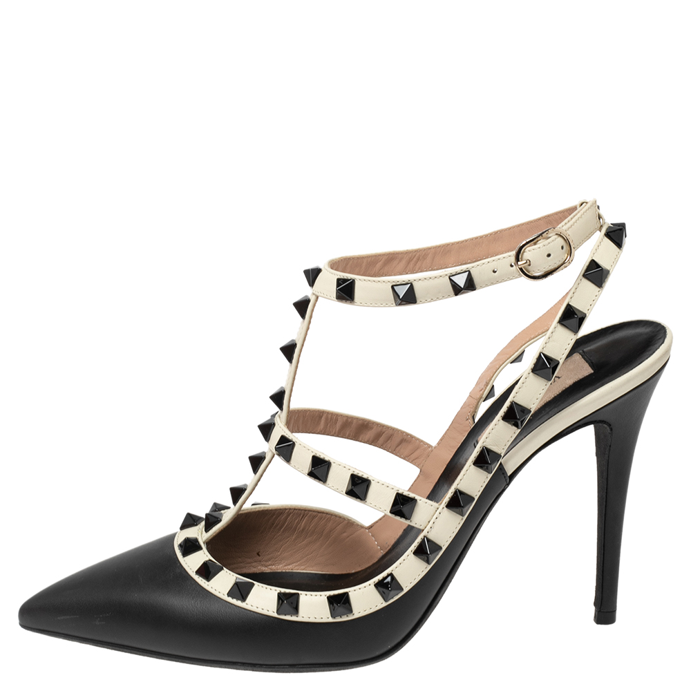 

Valentino Black/Off-White Leather Rockstud Ankle-Strap Pumps Size
