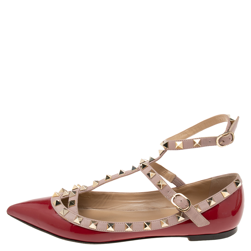 

Valentino Red/Beige Paten And Leather Rockstud Caged Ballet Flats Size