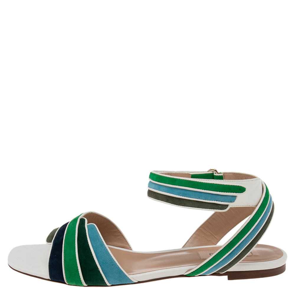

Valentino Multicolor Suede Rainbow Ankle Wrap Flat Sandals Size