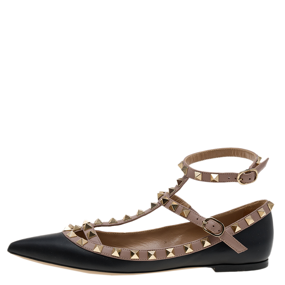 

Valentino Black/Beige Leather Rockstud Ankle Strap Ballet Flats Size