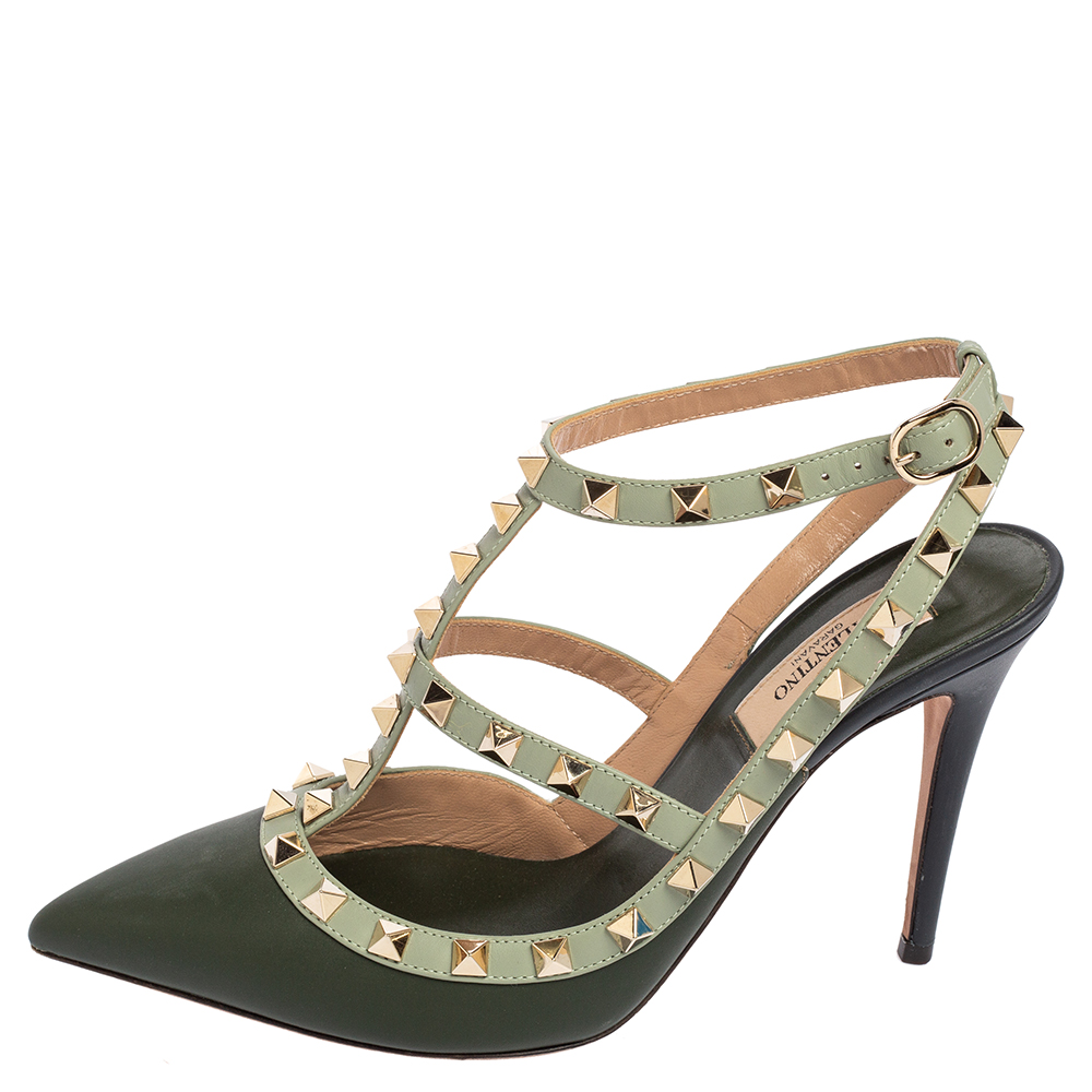 

Valentino Green Leather Rockstud Ankle-Strap Pumps Size