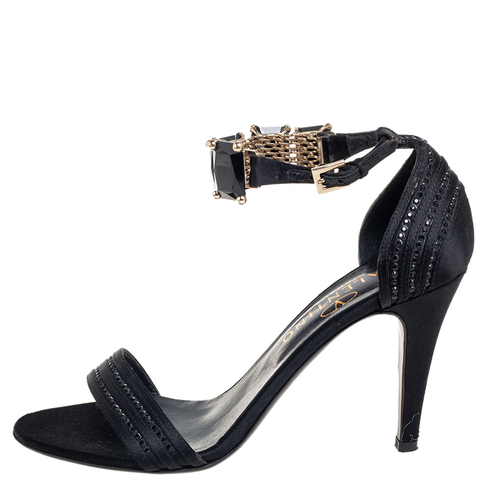 

Valentino Black Satin Crystal Embellished Ankle Strap Sandals Size