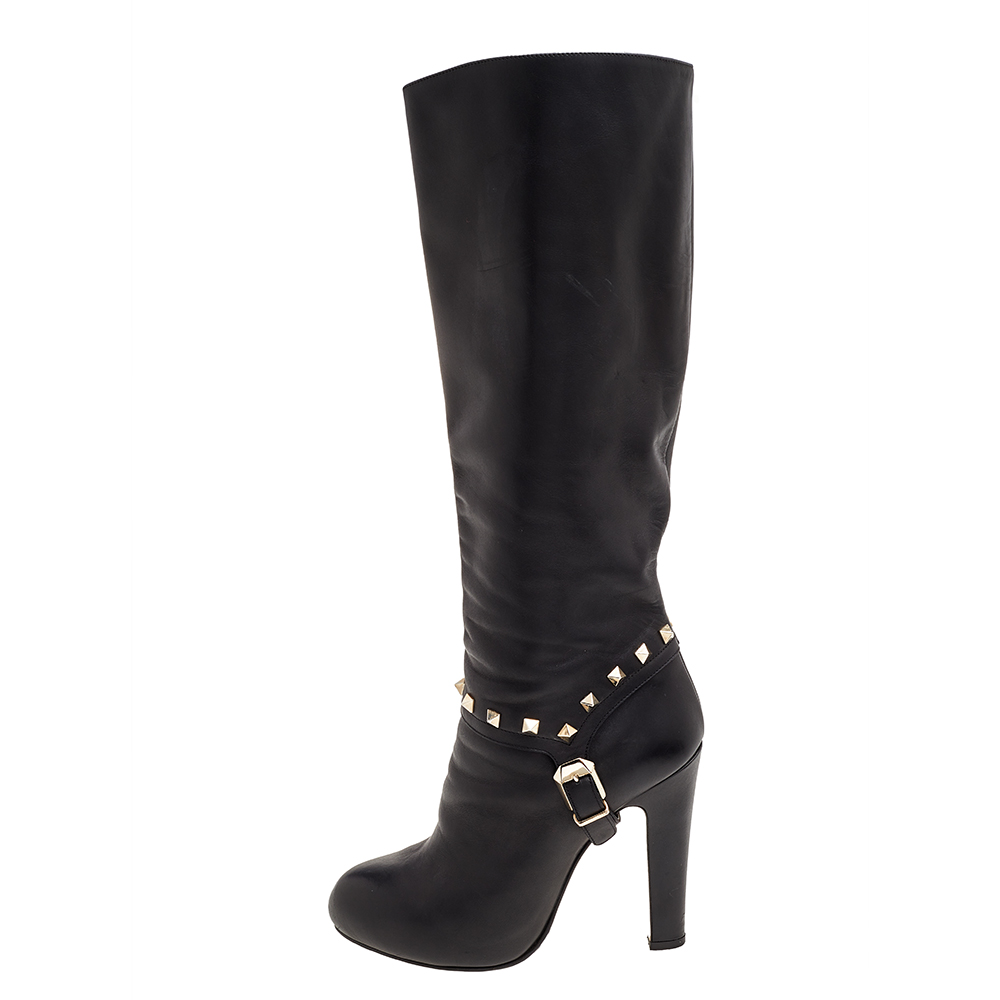 

Valentino Black Leather Rockstud Knee Length Boots Size