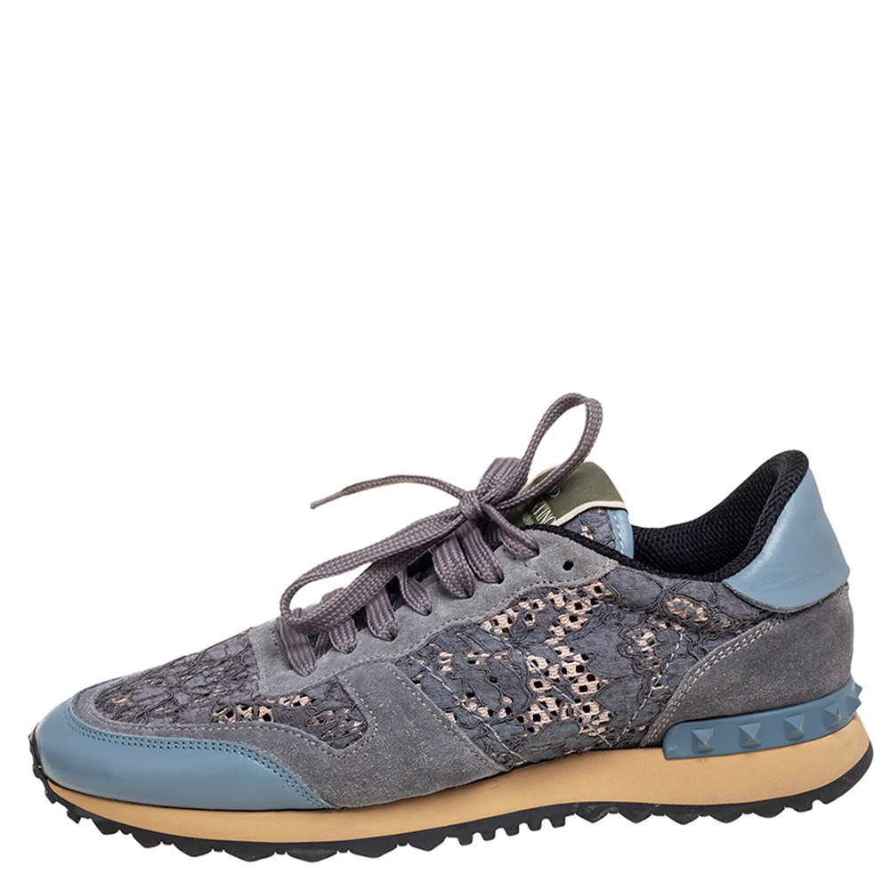 

Valentino Slate Blue/Grey Lace and Suede Rockrunner Sneakers Size