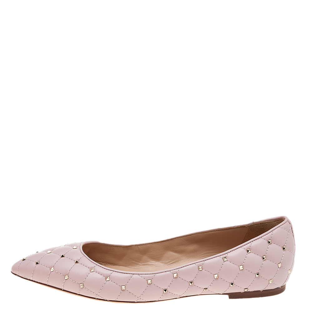 

Valentino Blush Pink Quilted Leather Rockstud Pointed Toe Ballet Flats Size