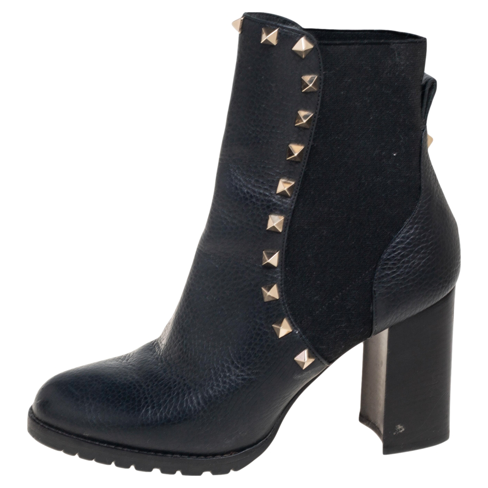 

Valentino Black Leather Rockstud Block Heel Ankle Boots Size