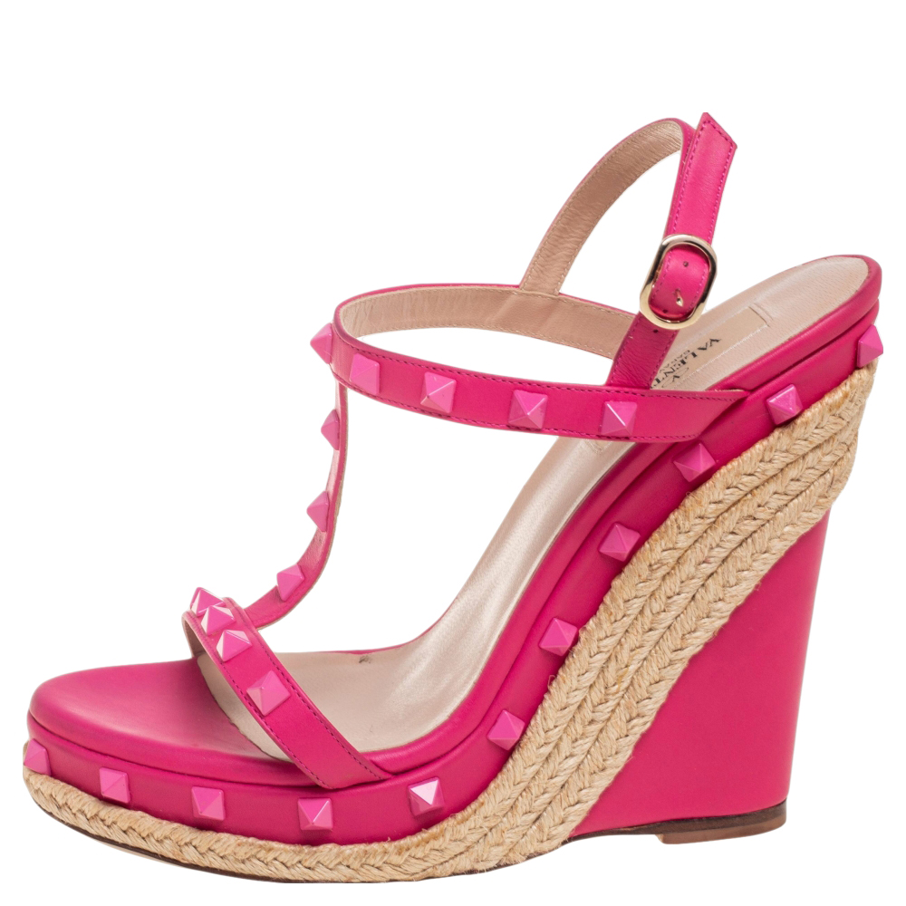 

Valentino Pink Leather Rockstud Wedge Sandals Size