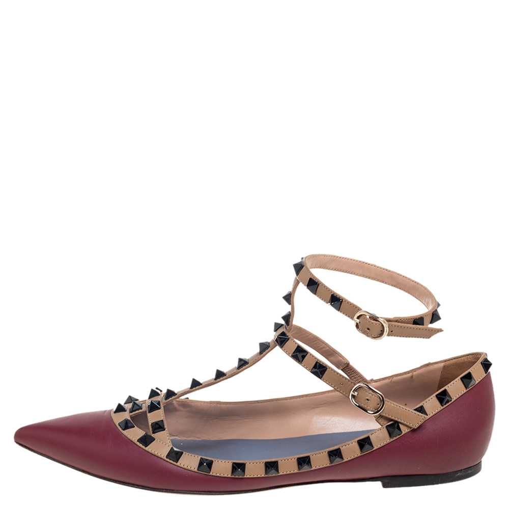 

Valentino Burgundy/Brown Leather Rockstud Ankle-Strap Ballet Flats Size