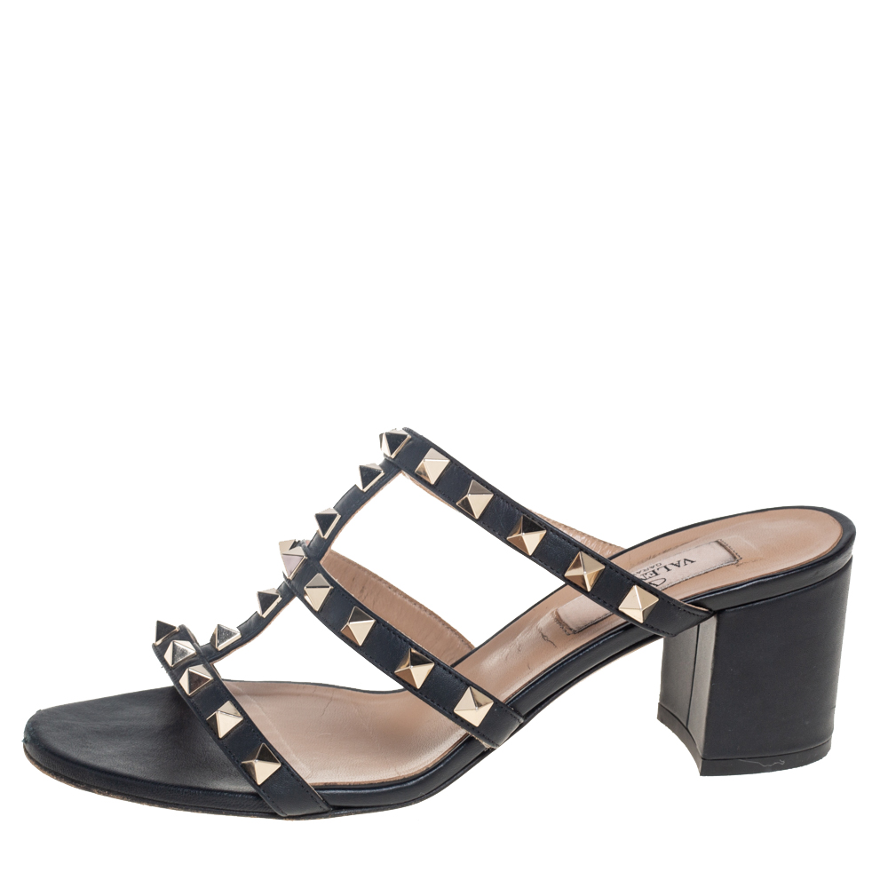 

Valentino Black Leather Rockstud Block Heel Slide Sandals Size