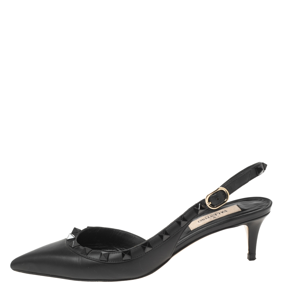 

Valentino Black Leather Rockstud Slingback Pointed Toe Sandals Size