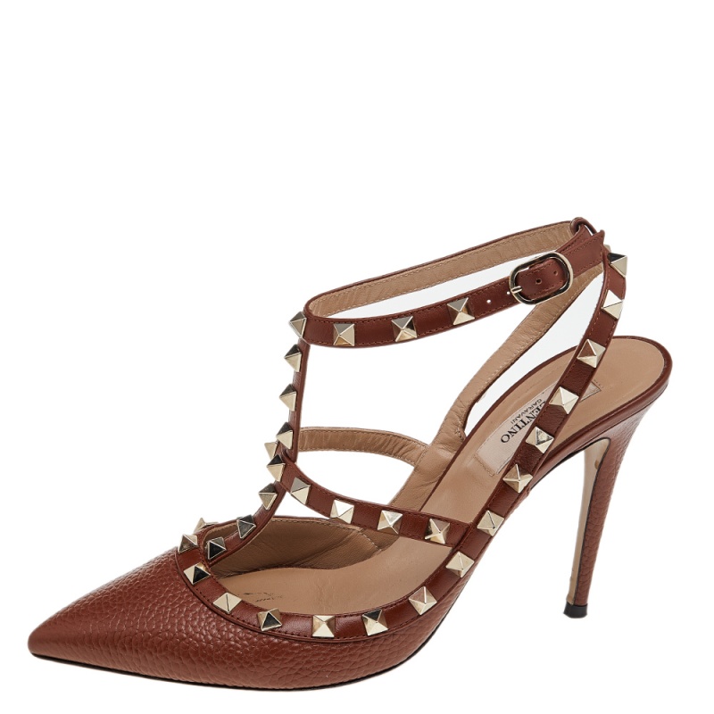 

Valentino Brown Leather Rockstud Pointed Toe Ankle Strap Sandals Size