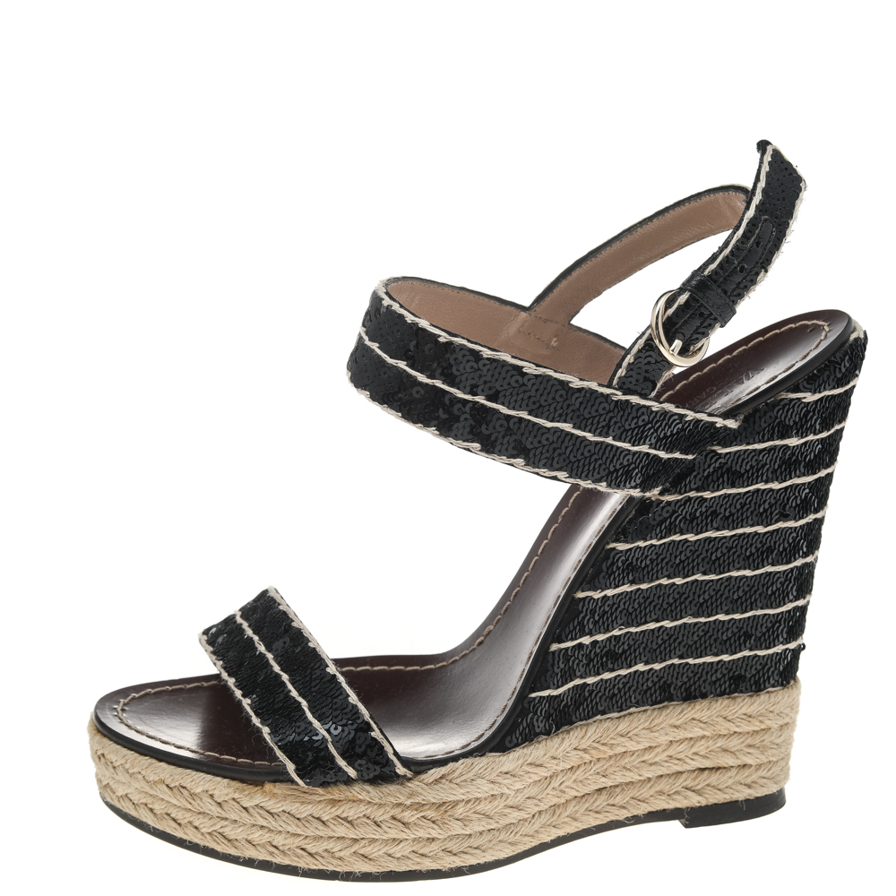

Valentino Black Sequins Ankle Strap Espadrille Wedge Sandals Size