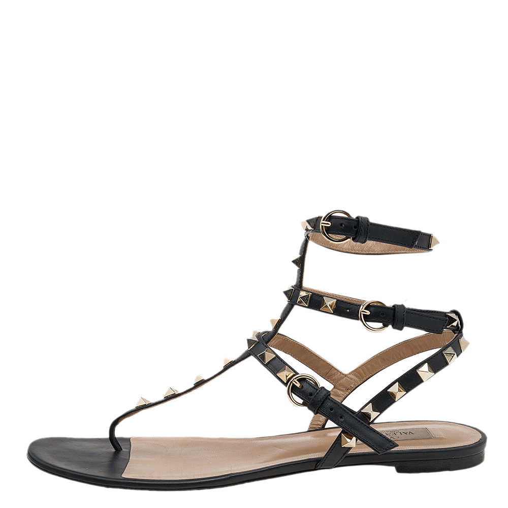 

Valentino Black Leather Rockstud Flat Sandals Size