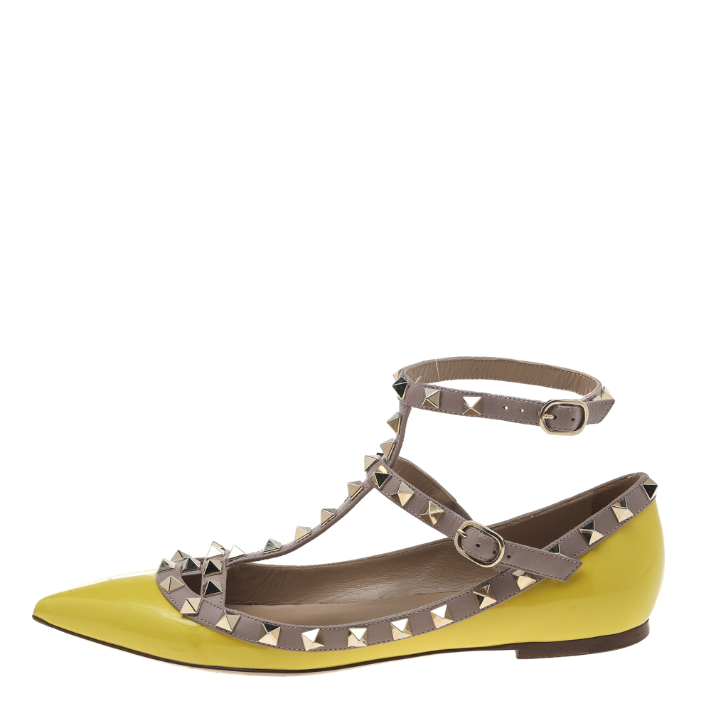

Valentino Yellow/Beige Patent And Leather Rockstud Ballet Flats Size