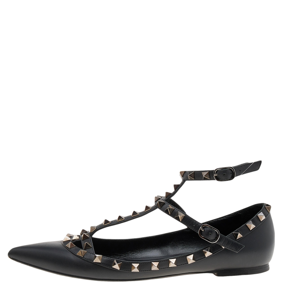 

Valentino Black Leather Rockstud Ankle Strap Ballet Flats Size