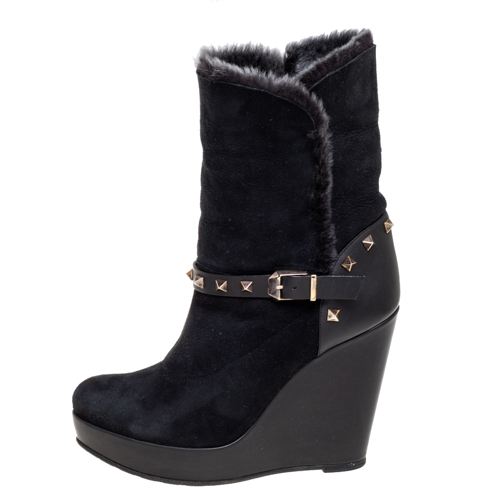 

Valentino Black Suede Rockstud Wedge Boots Size