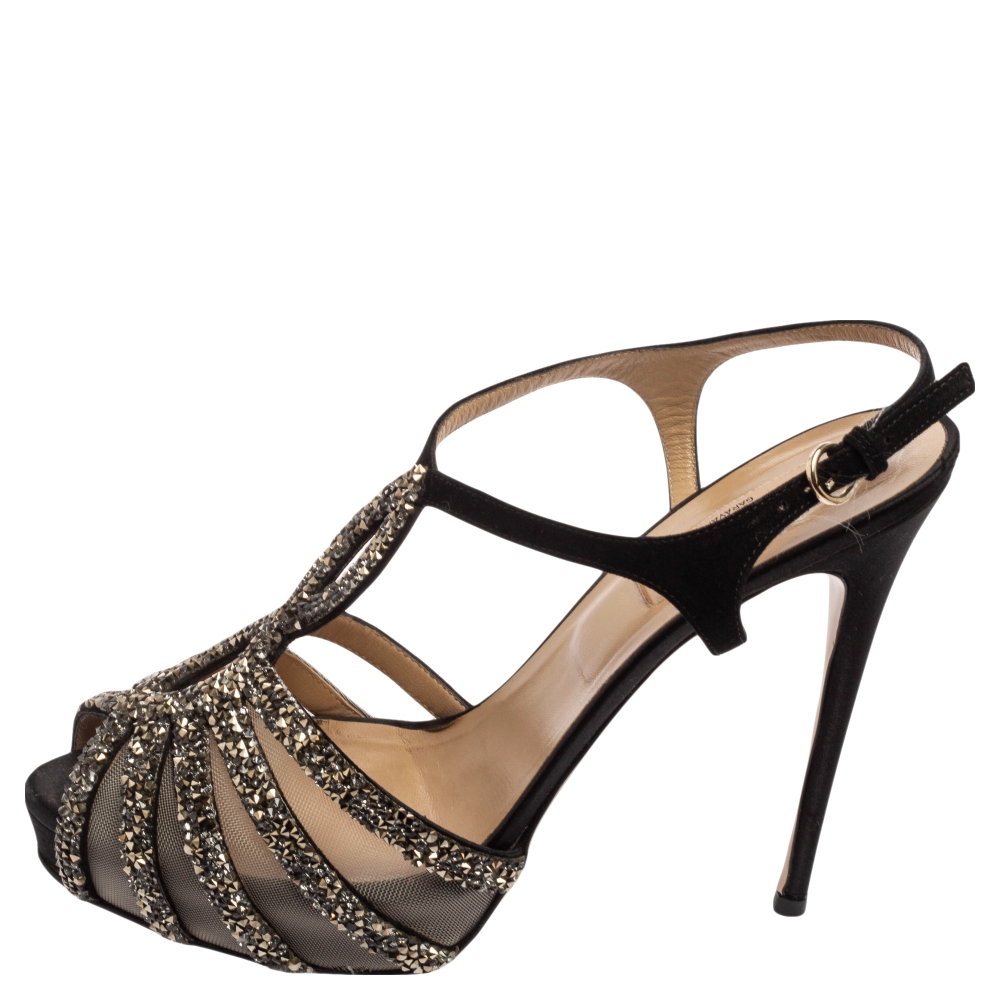 

Valentino Black Suede And Net Embellished Slingback Sandals Size