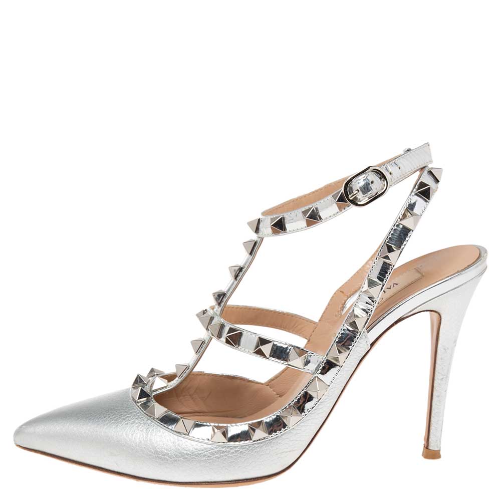 

Valentino Sliver Leather Rockstud Ankle-Strap Sandals Size, Silver