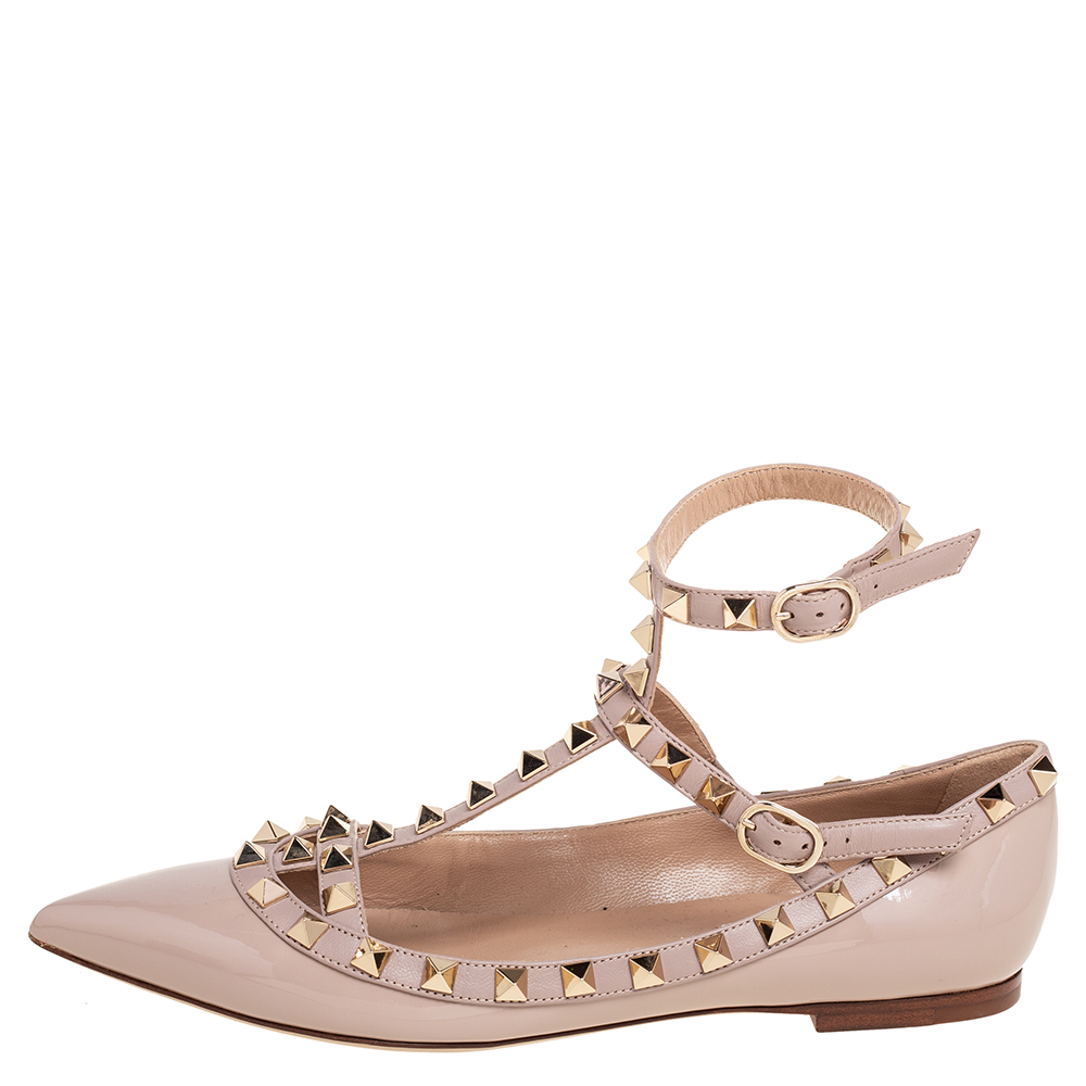 

Valentino Beige Patent And Leather Rockstud Ankle Strap Ballet Flats Size