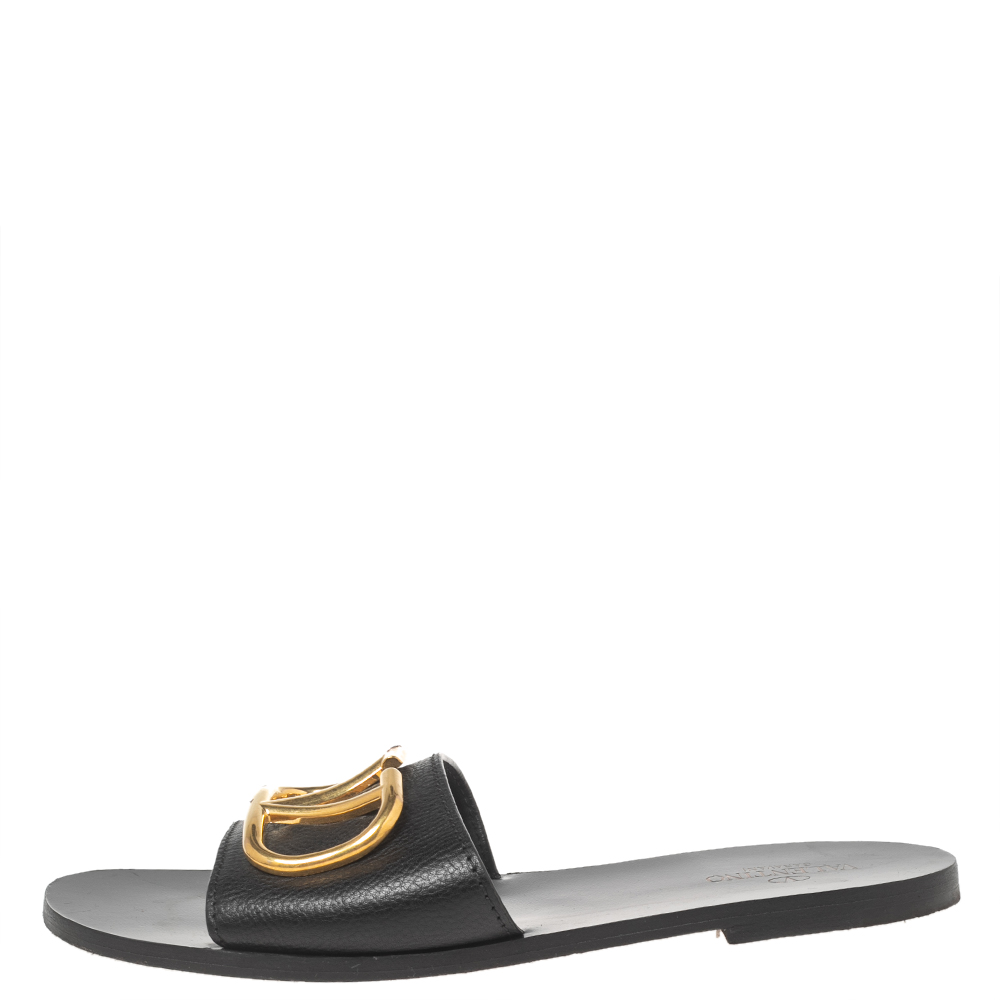 

Valentino Black Leather VLogo Flat Slides Size