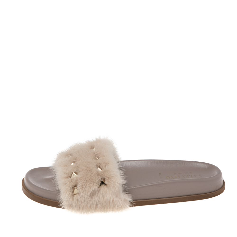 Valentino Beige Mink Fur Rockstud Flat Slides Size 39  - buy with discount