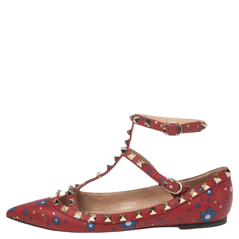 

Valentino Red Star Print Leather Rockstud Ankle-Strap Ballet Flats Size