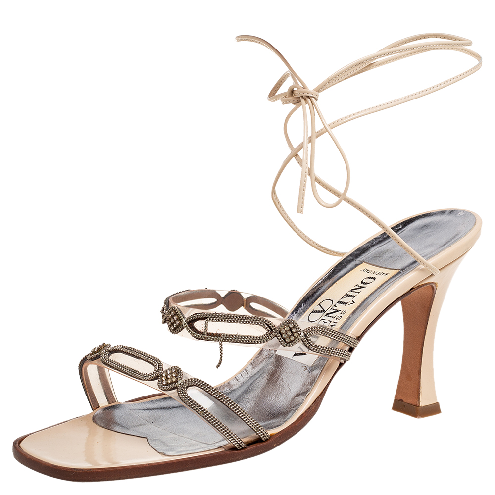 

Valentino Beige Leather and Embellished Chain PVC Ankle-Tie Sandals Size