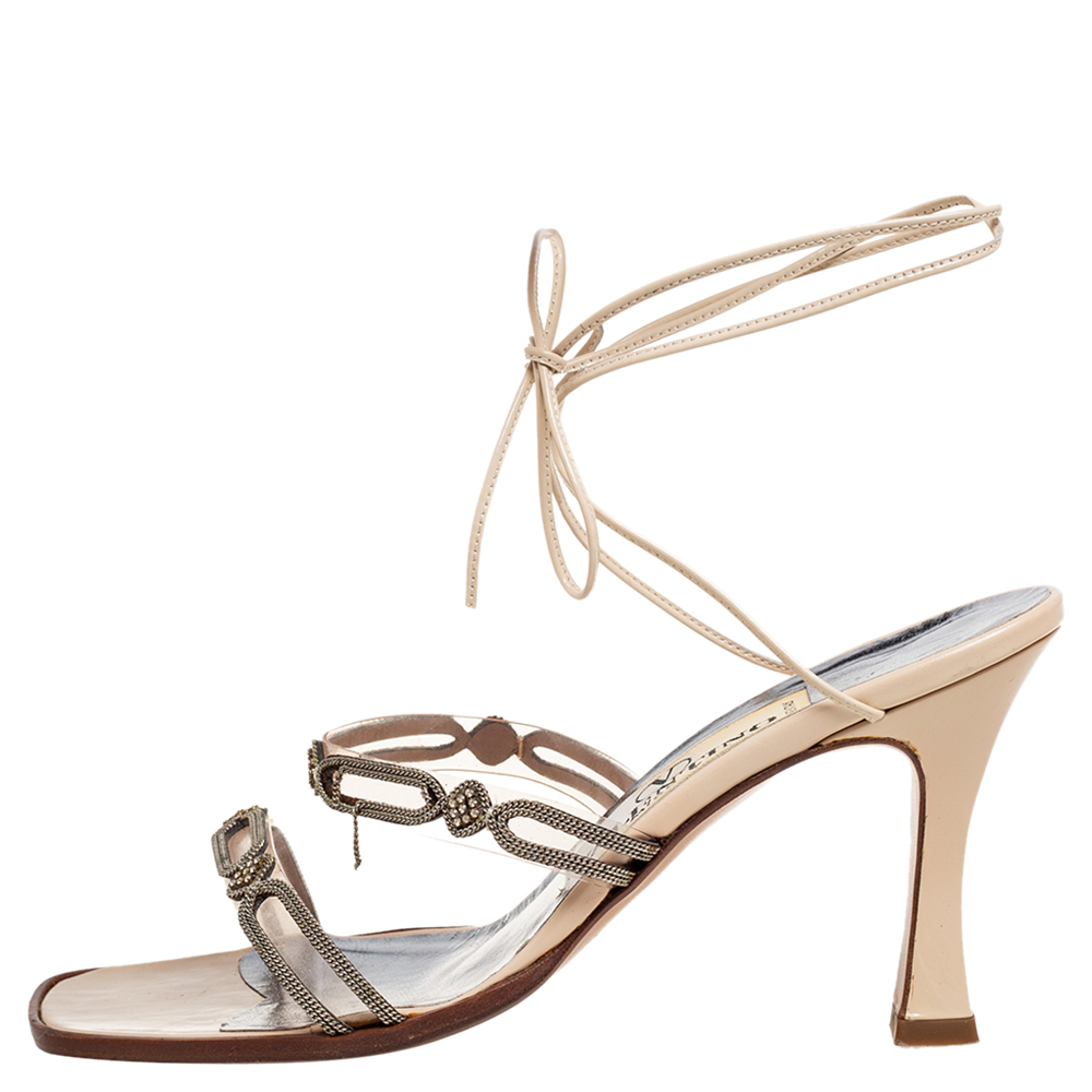 Valentino Beige Leather and Embellished Chain PVC Ankle-Tie Sandals Size 37  - buy with discount