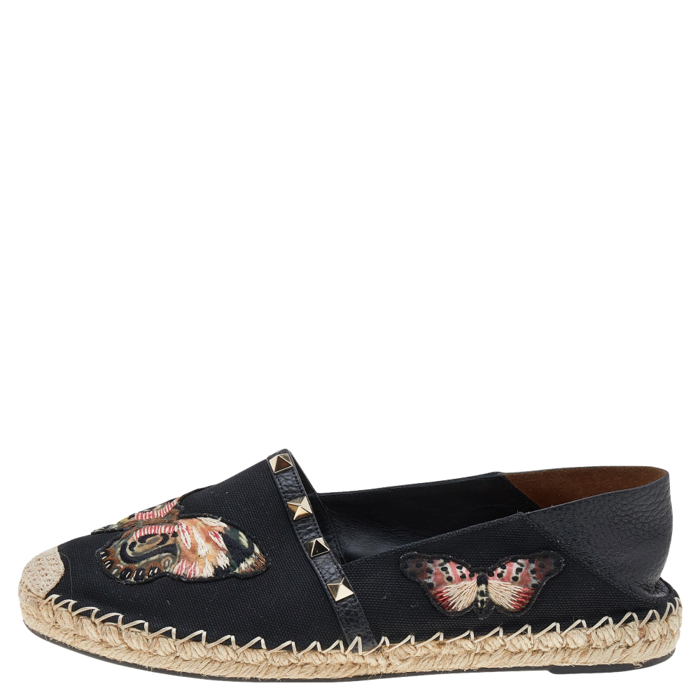 

Valentino Black Leather And Canvas Espadrille Flats Size