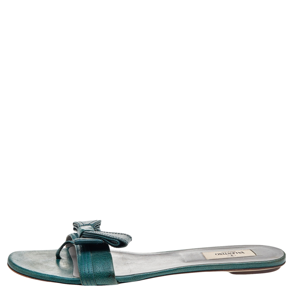 

Valentino Green Leather Ribbon Flat Slide Sandals Size