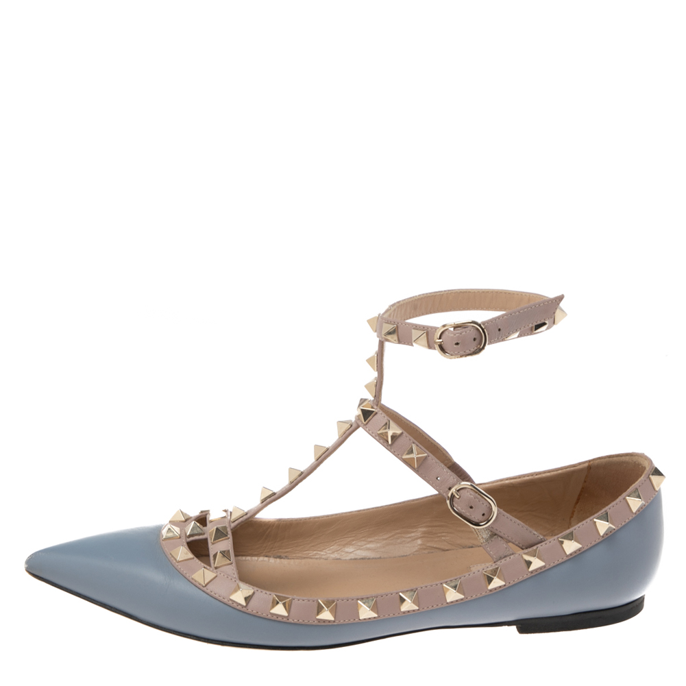 

Valentino Blue/Beige Leather Rockstud Caged Ankle Strap Ballet Flat Size