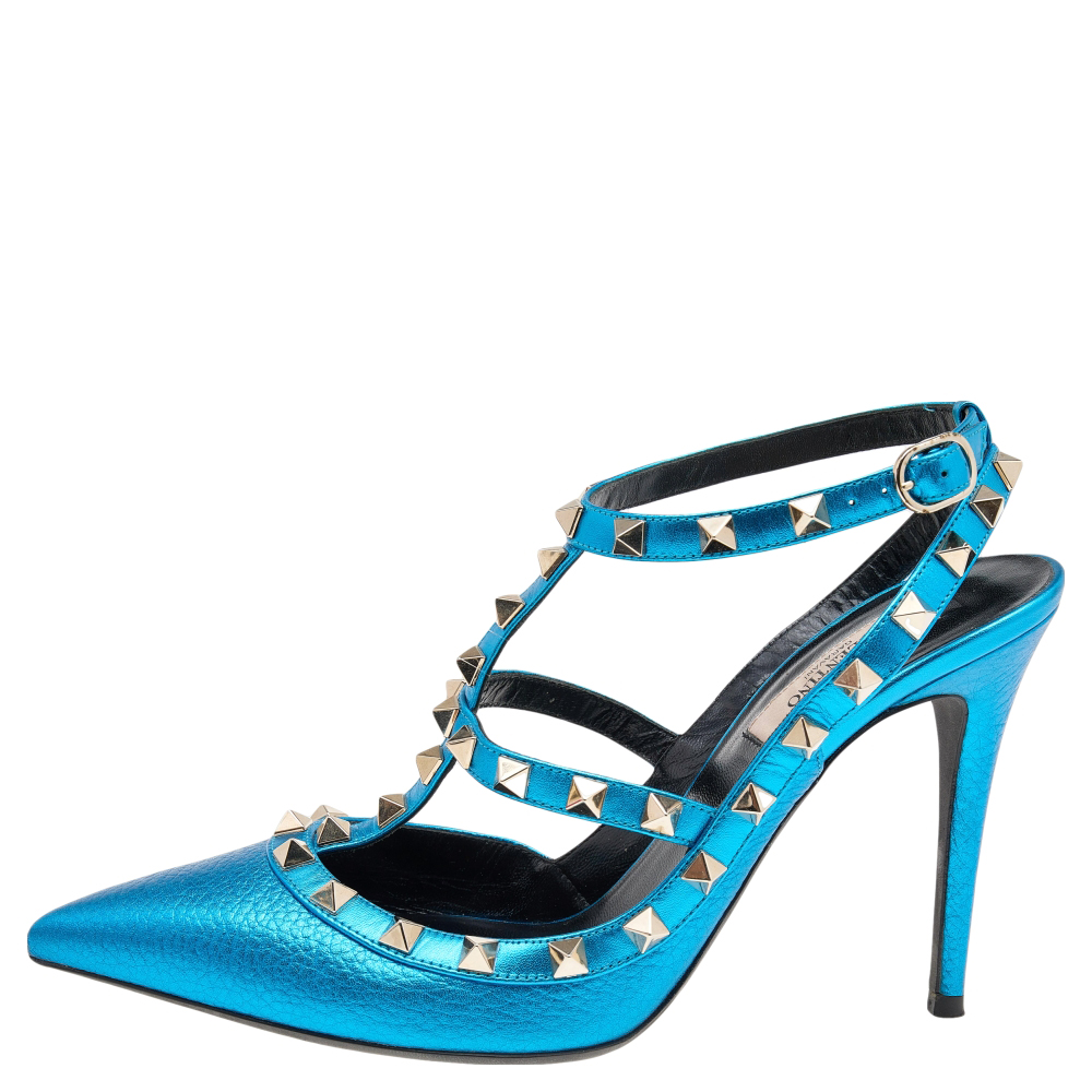 

Valentino Metallic Blue Leather Rockstud Ankle Strap Sandals Size