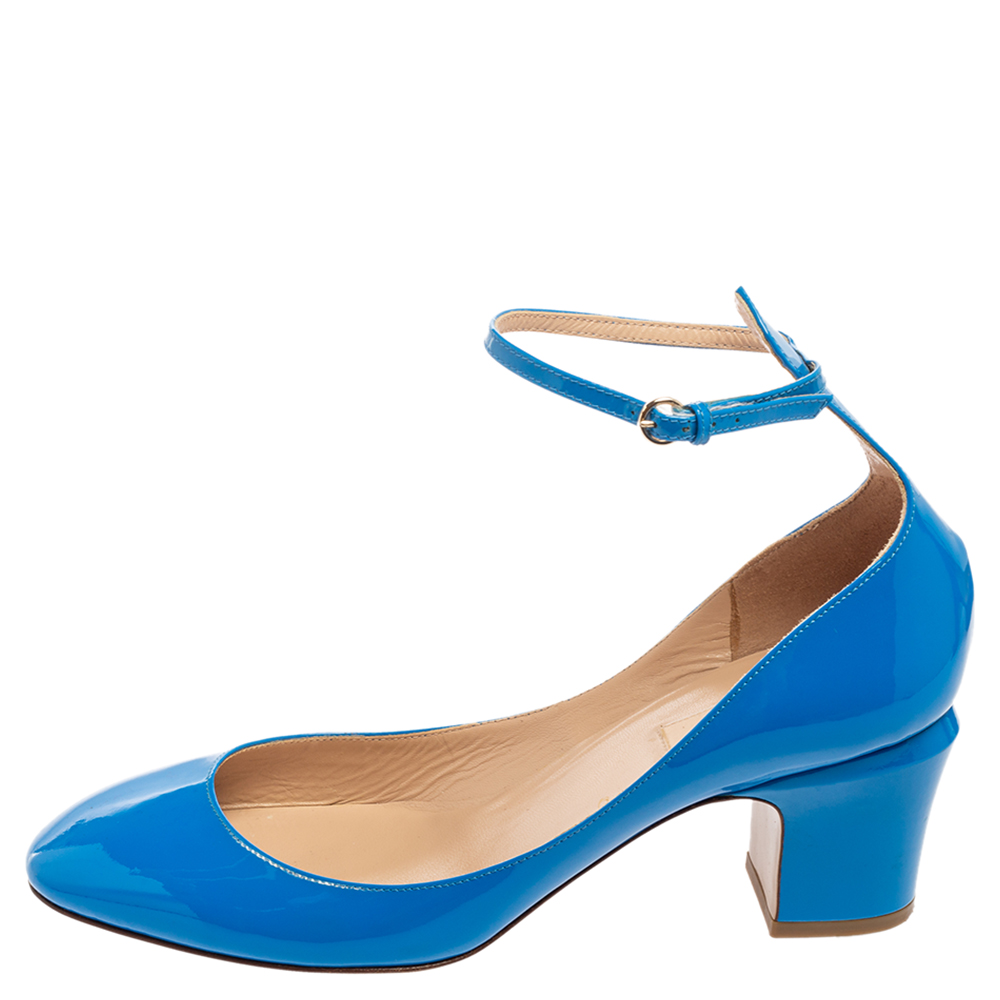 

Valentino Blue Patent Leather Block Heels Ankle Strap Pumps Size