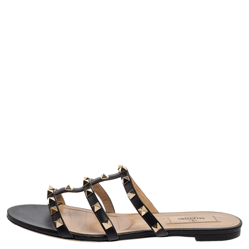 

Valentino Black Leather Rockstud Flat Slides Size